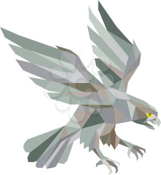 Low polygon style illustration in grey of a peregrine falcon hawk eagle bird swooping viewed from the side set on isolated white background done in retro style.
