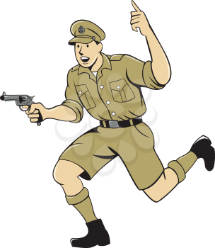 Illustration of a World War one British officer soldier serviceman with pistol running set on isolated white background done in cartoon style. 