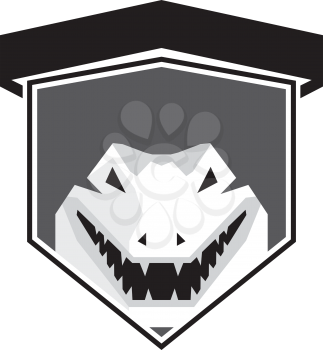 Black and white illustration of an alligator crocodile head smiling set inside shield crest viewed from front done in retro style on isolated background.