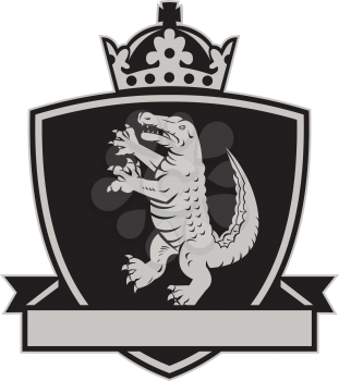 Illustration of coat of arms of an angry gator alligator crocodile standing viewed from side set inside crest shield with crown on top and leaf ribbon done in retro style on isolated background.