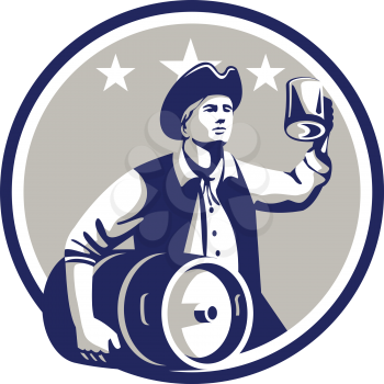 Illustration of an American Patriot holding a beer mug toasting while carrying beer keg set inside circle with stars in the background done in retro style. 