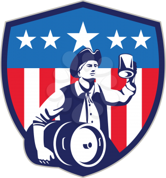 Illustration of an American Patriot holding a beer mug toasting while carrying beer keg set inside crest shield with USA stars and stripes on isolated white background done in retro style. 