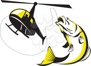 Illustration of helicopter heli fishing reeling a jumping barramundi or Asian sea bass (Lates calcarifer) on isolated background done in retro style. 
