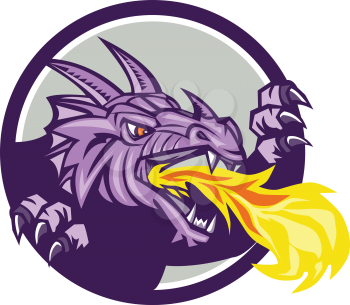 Illustration of a dragon head breathing fire looking to the side set inside circle done in retro style. 