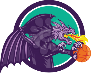 Illustration of a purple dragon breathing fire clutching holding an orange basketball viewed from the side set inside circle on isolated background done in retro style. 