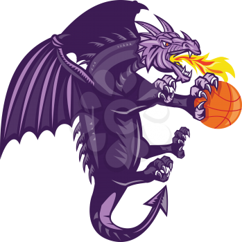 Illustration of a purple dragon breathing fire clutching holding an orange basketball viewed from the side set on isolated white background done in retro style. 