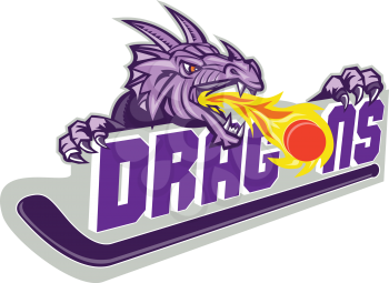 Illustration of a purple dragon head breathing fire on puck with hockey stick and word Dragons on isolated white background.