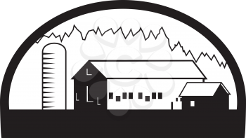 Black and white illustration of a farm house barn and silo set inside half circle shape done in retro style. 