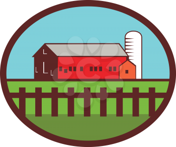 Illustration of a farm house barn and silo with fence set inside oval shape done in retro style. 