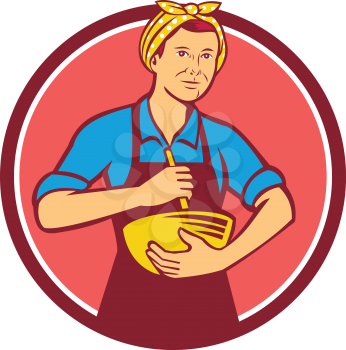 Illustration of a housewife woman cook wearing bandana holding mixing bowl and wooden spoon spatula viewed from front set inside circle done in retro style. 