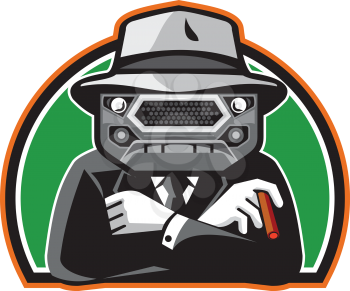 Illustration of an angry mobster with car grille grill face wearing hat , tie and suit arms folded facing front set inside half circle done in retro style. 