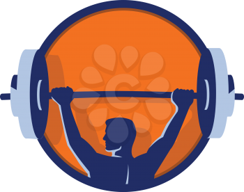 Illustration of a weightlifter lifting barbell looking to the side viewed from rear set inside circle on isolated backgrounddone in retro style.