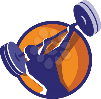 Illustration of a weightlifter lifting swinging barbell looking to the side viewed from rear set inside circle on isolated background done in retro style.