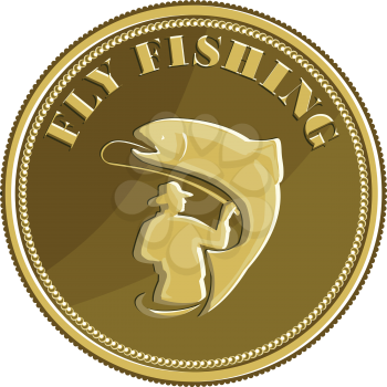 Illustration of a fly fisherman fishing casting rod and reel reeling trout viewed from rear set inside gold brass coin done in retro style. 