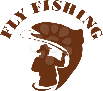 Illustration of a fly fisherman fishing casting rod and reel reeling trout with the word FLY FISHING viewed from rear set on isolated white background done in retro style. 