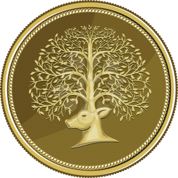 Illustration of a deer head viewed from the side with antler made of trees branches and leaves set inside gold coin medallion done in retro style. 