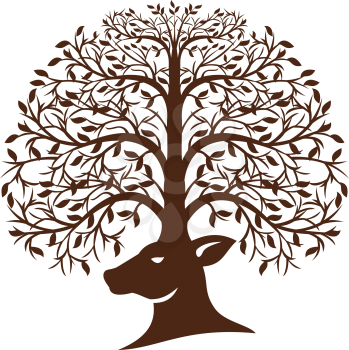 Illustration of a deer head viewed from the side with antler made of trees branches and leaves set on isolated white background done in retro style. 