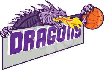 Illustration of a purple dragon head breathing fire clutching basketball ball and banner with the word Dragons set on isolated white background done in retro style. 