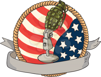 Illustration of a world war two grenade mounted on a vintage microphone stand with USA stars and stripes flag in the background with ribbon scroll banner in front set inside rope circle done in retro 