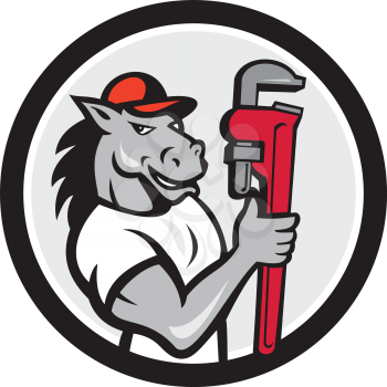 Illustration of a horse plumber holding monkey wrench set inside circle on isolated background done in cartoon style. 