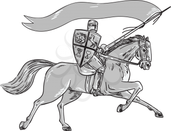 Illustration of knight horseback in full armor holding lance, shield and flag riding horse viewed from the side on isolated white background done in retro style. 