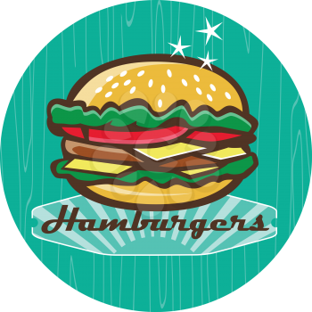 Illustration of a retro 1950s diner style hamburger, burger or cheeseburger with meat patty, lettuce, tomato and cheese slices in bun set inside circle with woodgrain.
