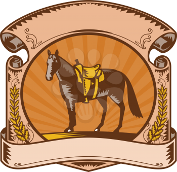 Illustration of a riderless horse with old style western saddle on ranch fence set inside oval shape with scroll and laurel leaves and sunburst in background done in retro woodcut style. 