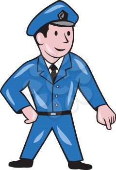 Illustration of a policeman police officer pointing down viewed from front set on isolated white background done in cartoon style. 