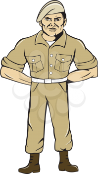 Illustration of army ranger standing in full attention with hands at the back viewed from front set on isolated white background done in cartoon style. 