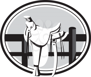 Illustration of an old style western saddle sitting on ranch fence set inside oval shape in black and white done in retro style. 