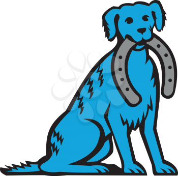 Illustration of a blue merle dog sitting biting horseshoe viewed from front set inside circle on isolated background done in retro style. 