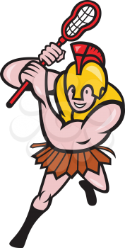 Illustration of a gladiator lacrosse player wearing spartan helmet holding lacrosse stick striking viewed from front set on isolated white background done in cartoon style. 