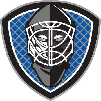 Illustration of a ice hockey goalie helmet set inside shield crest with net on the background done in retro style. 