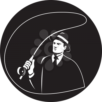 Illustration of a mobster gangster fly fisherman wearing suit, tie and hat fishing casting fly rod set inside circle on isolated background done in retro style. 
