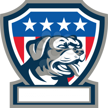 Illustration of a Rottweiler Metzgerhund mastiff-dog guard dog head looking to the side set inside shield crest with USA stars and stripes flag in background done in retro style.