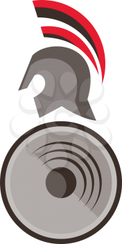 Illustration of a spartan warrior helmet and shield viewed the side set on isolated white background done in retro style. 