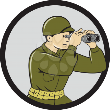 Illustration of a World War One American soldier serviceman looking through the binoculars viewed from the side set inside circle done in cartoon style. 