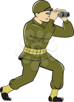 Illustration of a World War One American soldier serviceman looking through the binoculars viewed from the side set on isolated white background done in cartoon style. 