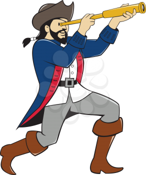 Illustration of a pirate standing looking into spyglass viewed from the side set on isolated white background done in cartoon style. 