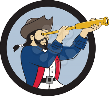 Illustration of a pirate looking into spyglass viewed from the side set inside circle done in cartoon style. 