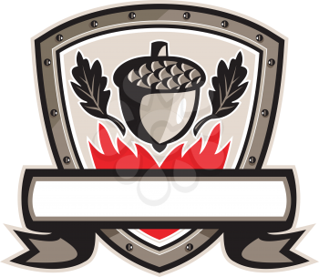 Illustration of an acorn, oak leaf and flames set inside shield crest with banner and ribbon done in retro style. 