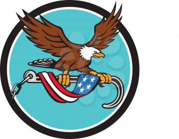 Illustration of an american bald eagle clutching with its talon a towing j hook with chains draped with usa american flag set inside circle done in retro style style. 
