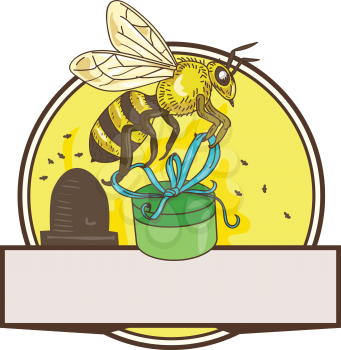 Drawing sketch style illustration of a worker honey bee carrying a round gift box present with skep in the background set inside circle. 