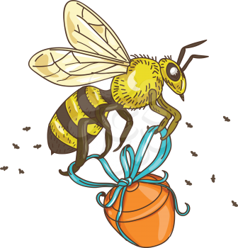Drawing sketch style illustration of a worker honey bee carrying a honey pot with ribbon viewed from the side set on isolated white background. 