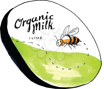 Drawing sketch style illustration of an organic milk 1 litre label with a flying worker honey bee. 