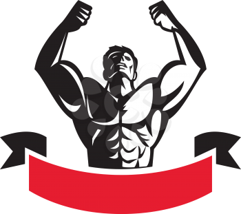 Illustration of a male body builder flexing muscles looking up viewed from front set on isolated white background with banner done in retro style. 