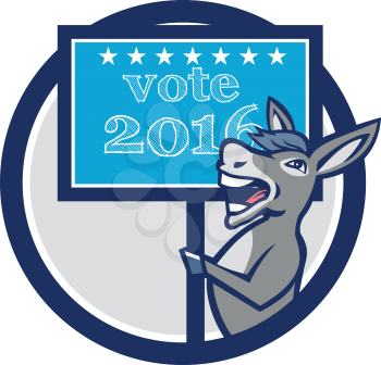 Illustration of a democrat donkey mascot of the democratic grand old party gop smiling holding a sign placard with Vote 2016 and stars set inside circle done in cartoon style. 