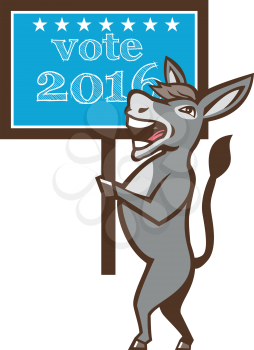 Illustration of a democrat donkey mascot of the democratic grand old party gop smiling holding a sign placard with Vote 2016 and stars set on isolated background done in cartoon style. 