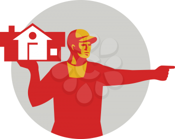 Illustration of a house remover carrying house on one hand and the other hand pointing to the side viewed from front set inside circle done in retro style. 