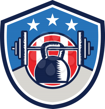 Illustration of a kettlebell hanging on a barbell set inside shield crest with stars and stripes usa flag in the background done in retro style. 